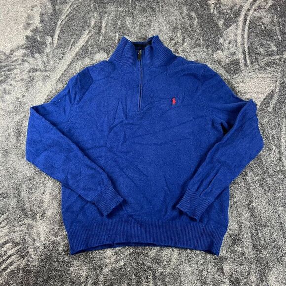 Polo Ralph Lauren Wool Cashmere 1/4 Zip Men's L Blue Mock Neck Sweater - Picture 1 of 10